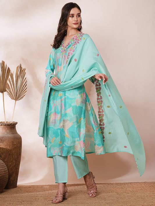 Abstract Printed & Floral Embroidered Straight Kurta with Pant & Dupatta - Turquoise Blue