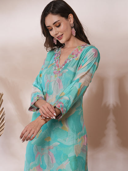 Abstract Printed & Floral Embroidered Straight Kurta with Pant & Dupatta - Turquoise Blue