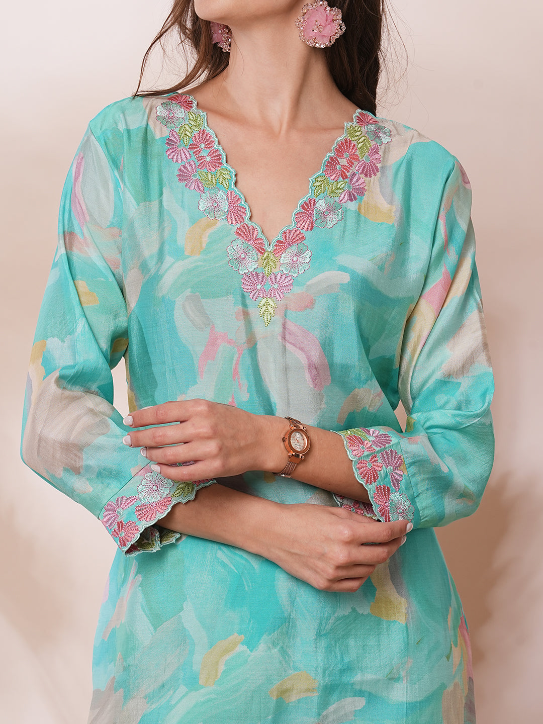 Abstract Printed & Floral Embroidered Straight Kurta with Pant & Dupatta - Turquoise Blue