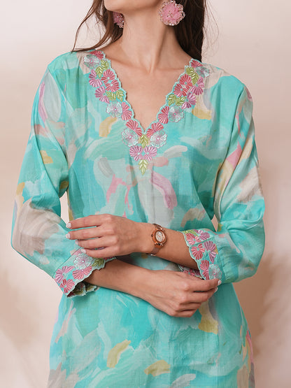 Abstract Printed & Floral Embroidered Straight Kurta with Pant & Dupatta - Turquoise Blue