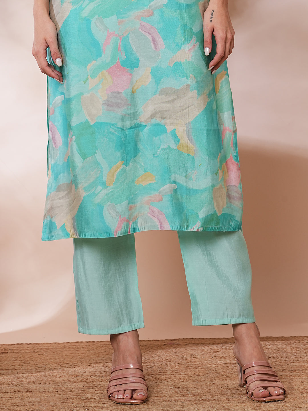 Abstract Printed & Floral Embroidered Straight Kurta with Pant & Dupatta - Turquoise Blue