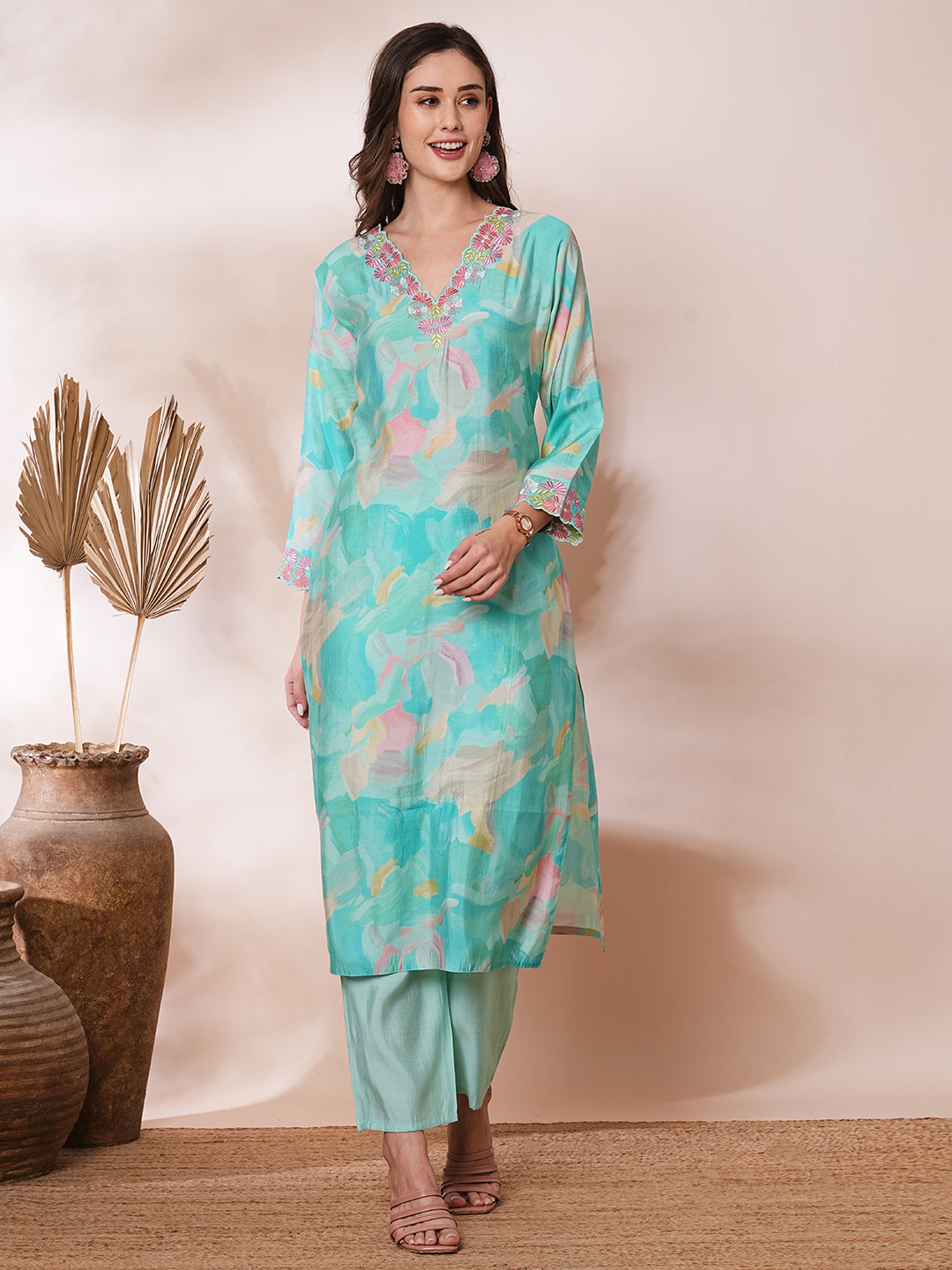 Abstract Printed & Floral Embroidered Straight Kurta with Pant & Dupatta - Turquoise Blue