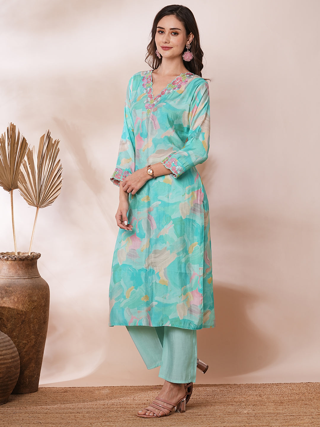 Abstract Printed & Floral Embroidered Straight Kurta with Pant & Dupatta - Turquoise Blue