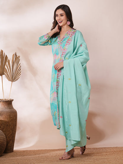 Abstract Printed & Floral Embroidered Straight Kurta with Pant & Dupatta - Turquoise Blue