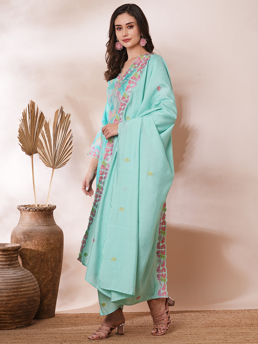 Abstract Printed & Floral Embroidered Straight Kurta with Pant & Dupatta - Turquoise Blue
