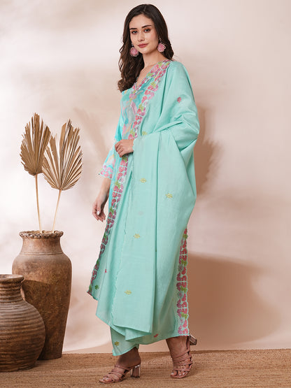 Abstract Printed & Floral Embroidered Straight Kurta with Pant & Dupatta - Turquoise Blue
