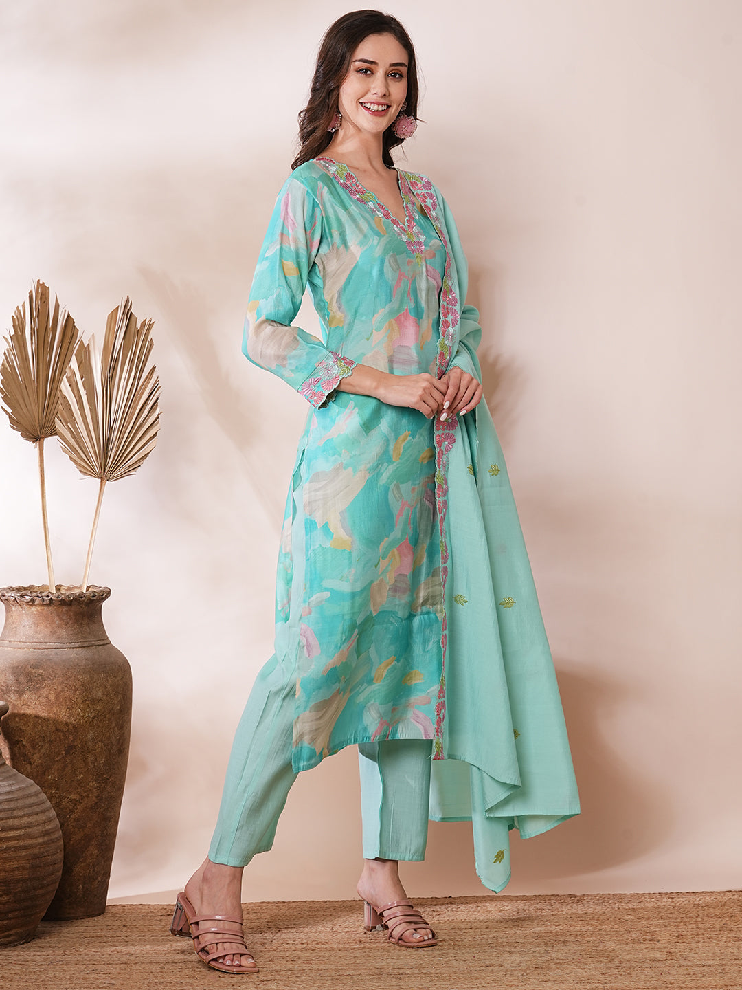 Abstract Printed & Floral Embroidered Straight Kurta with Pant & Dupatta - Turquoise Blue