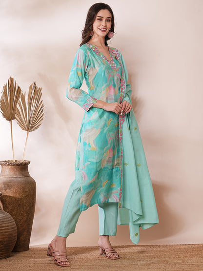 Abstract Printed & Floral Embroidered Straight Kurta with Pant & Dupatta - Turquoise Blue