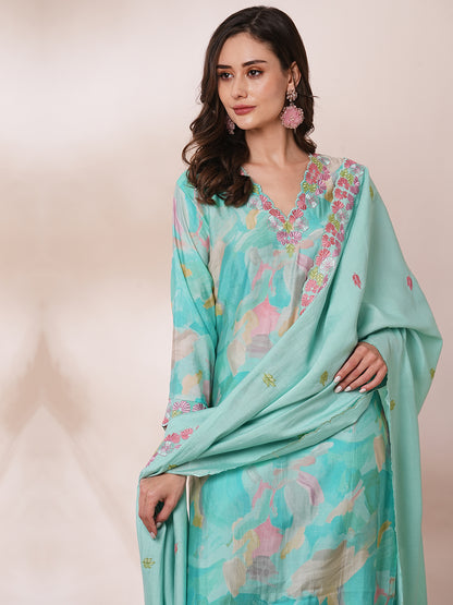 Abstract Printed & Floral Embroidered Straight Kurta with Pant & Dupatta - Turquoise Blue