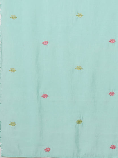 Abstract Printed & Floral Embroidered Straight Kurta with Pant & Dupatta - Turquoise Blue
