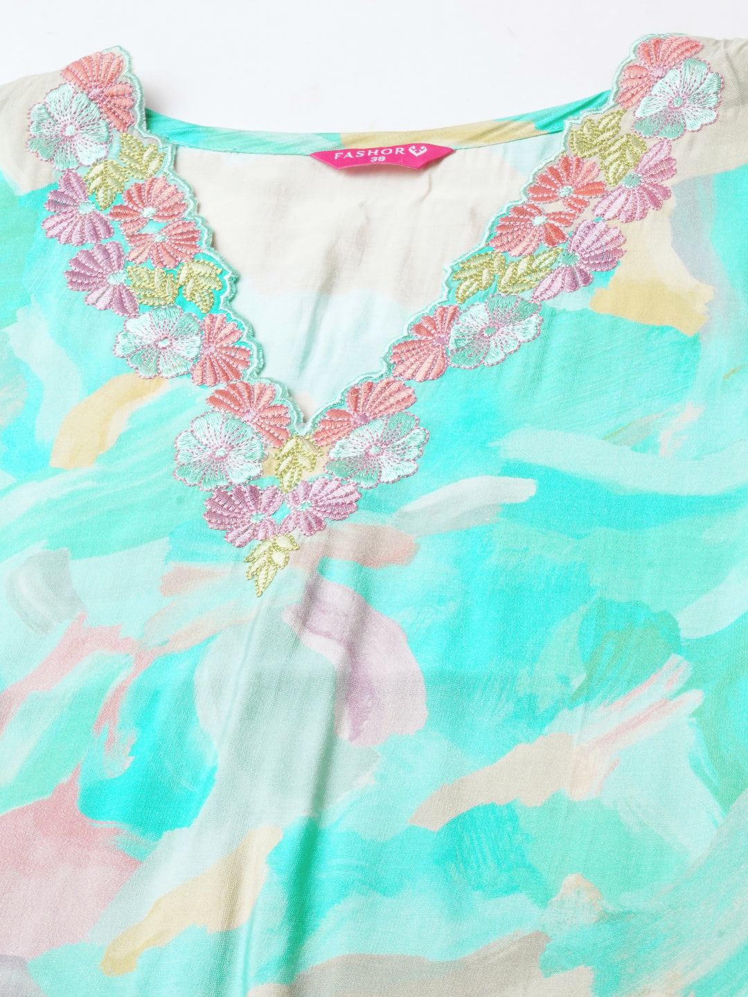 Abstract Printed & Floral Embroidered Straight Kurta with Pant & Dupatta - Turquoise Blue