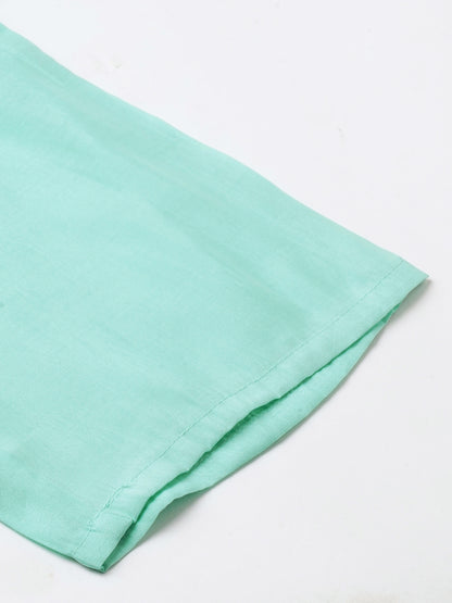 Abstract Printed & Floral Embroidered Straight Kurta with Pant & Dupatta - Turquoise Blue