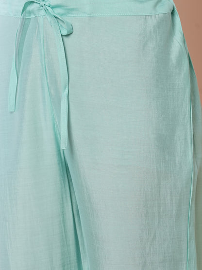 Abstract Printed & Floral Embroidered Straight Kurta with Pant & Dupatta - Turquoise Blue