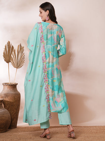 Abstract Printed & Floral Embroidered Straight Kurta with Pant & Dupatta - Turquoise Blue