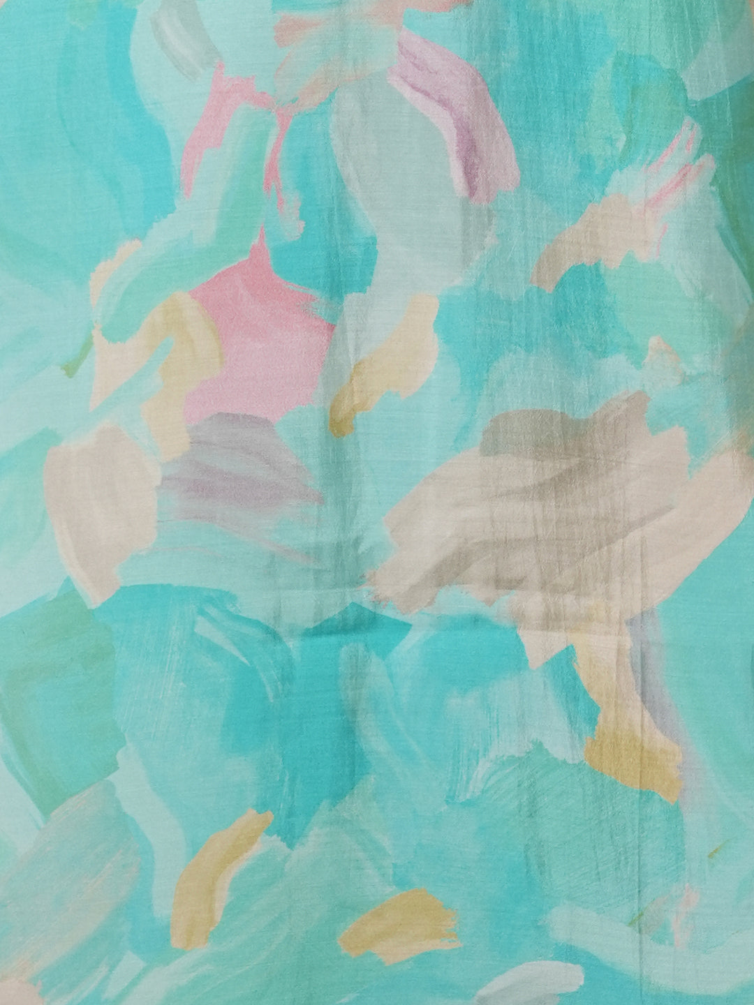 Abstract Printed & Floral Embroidered Straight Kurta with Pant & Dupatta - Turquoise Blue