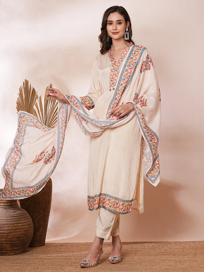 Solid Ethnic Embroidered Straight Fit Kurta with Pant and Printed Dupatta - Cream