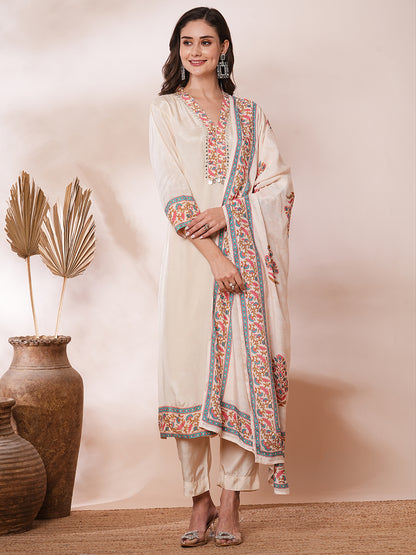 Solid Ethnic Embroidered Straight Fit Kurta with Pant and Printed Dupatta - Cream