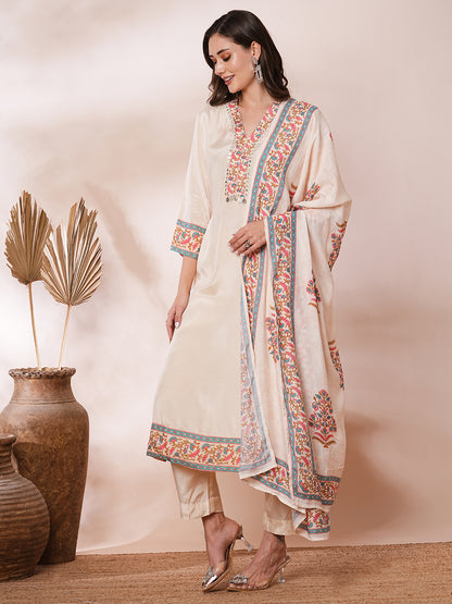 Solid Ethnic Embroidered Straight Fit Kurta with Pant and Printed Dupatta - Cream