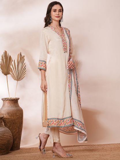 Solid Ethnic Embroidered Straight Fit Kurta with Pant and Printed Dupatta - Cream