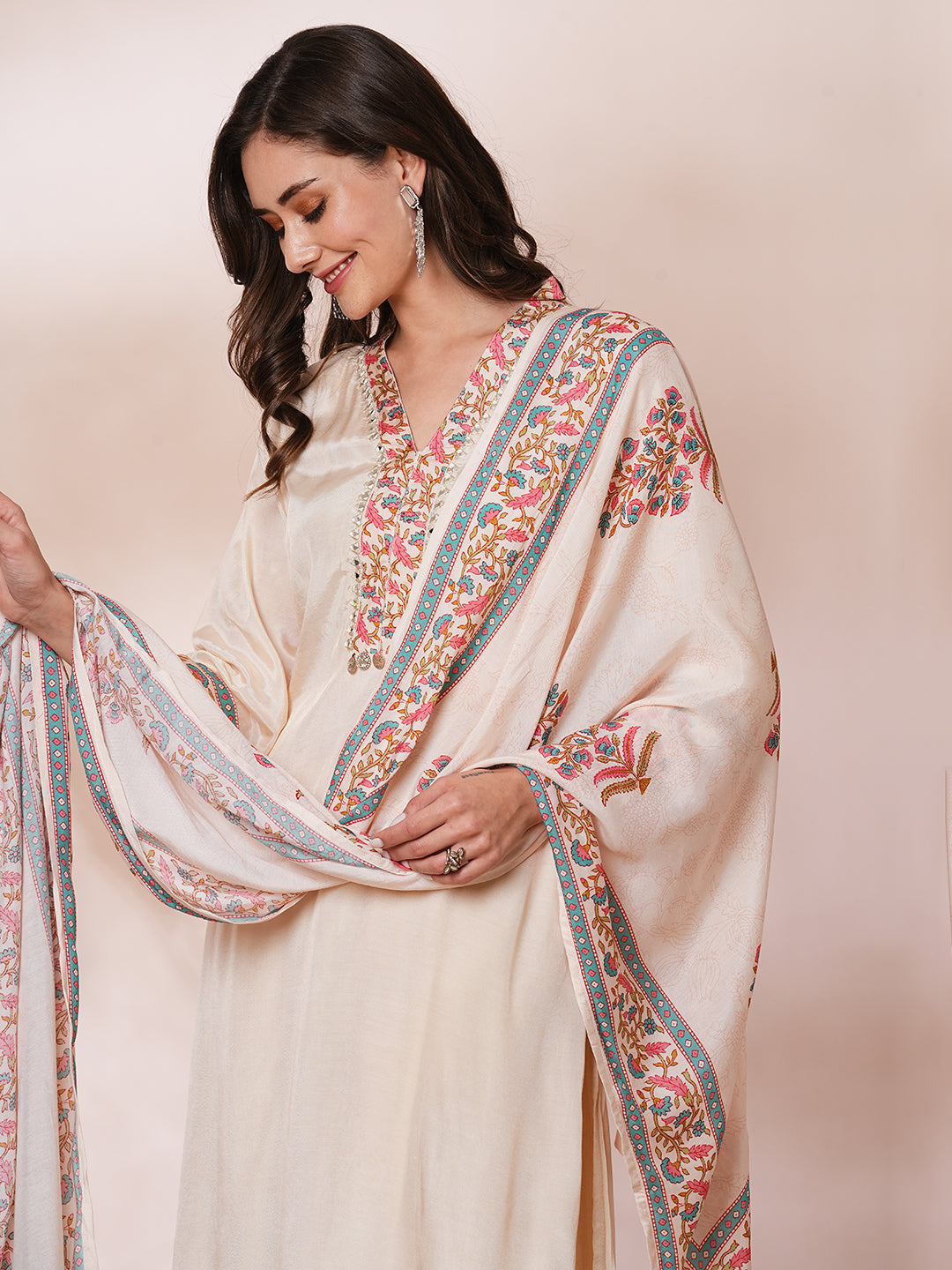 Solid Ethnic Embroidered Straight Fit Kurta with Pant and Printed Dupatta - Cream