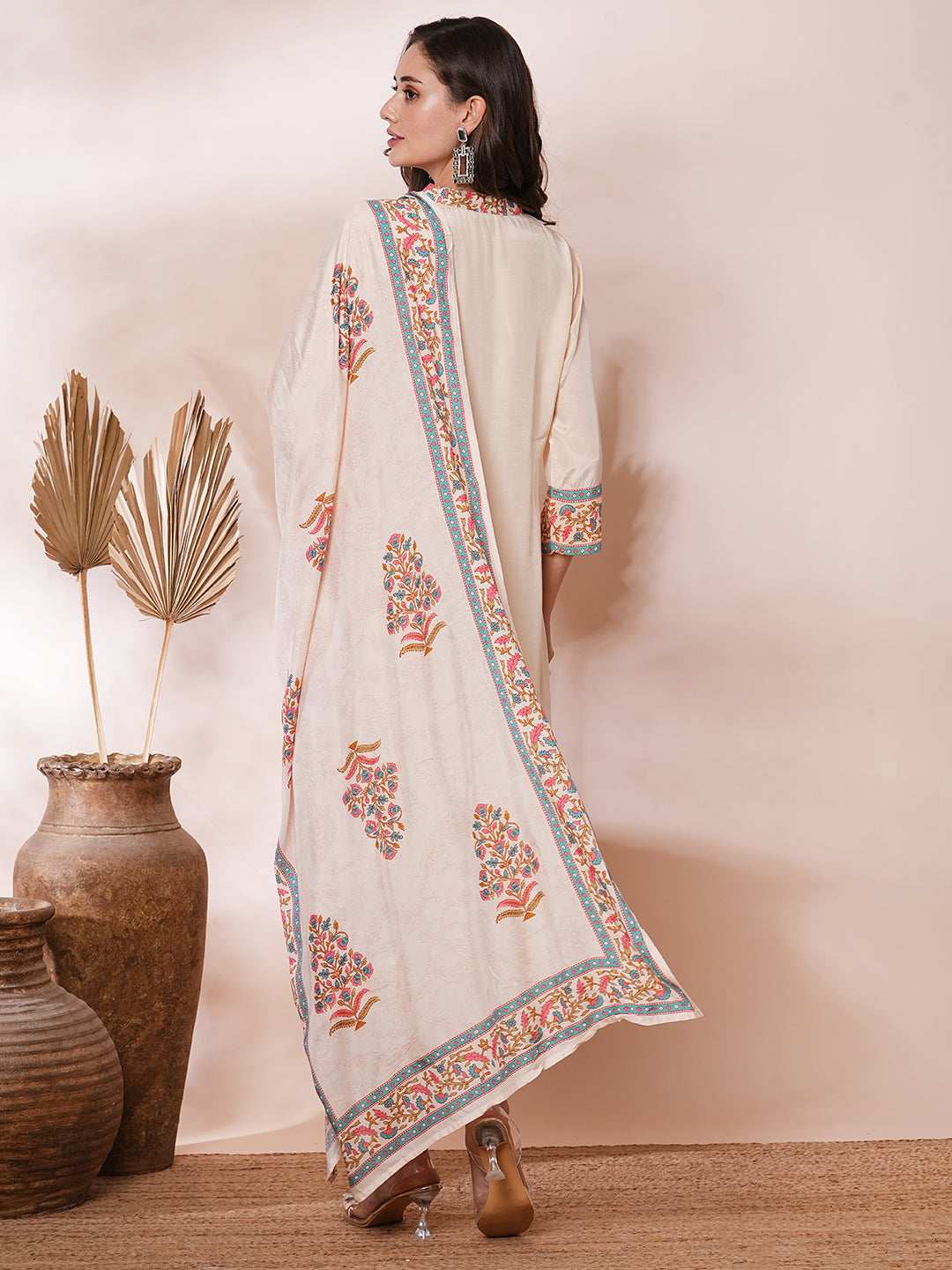 Solid Ethnic Embroidered Straight Fit Kurta with Pant and Printed Dupatta - Cream