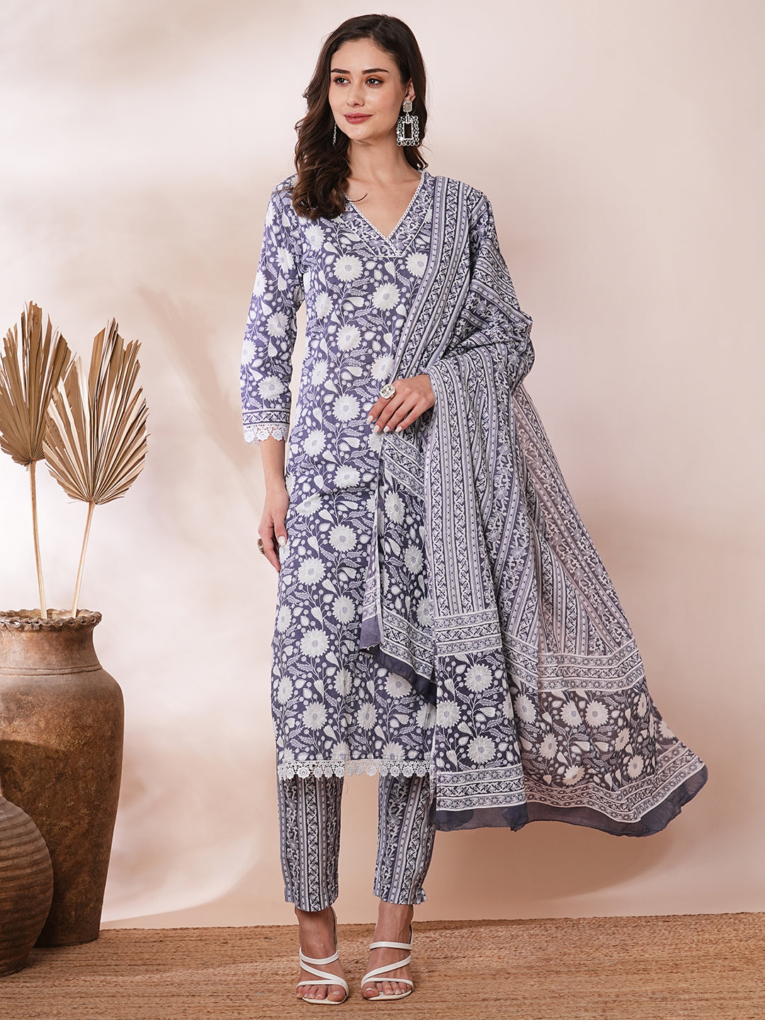 Ethnic Floral Printed Straight Fit Kurta with Pant and Pure Cotton Dupatta - Purple