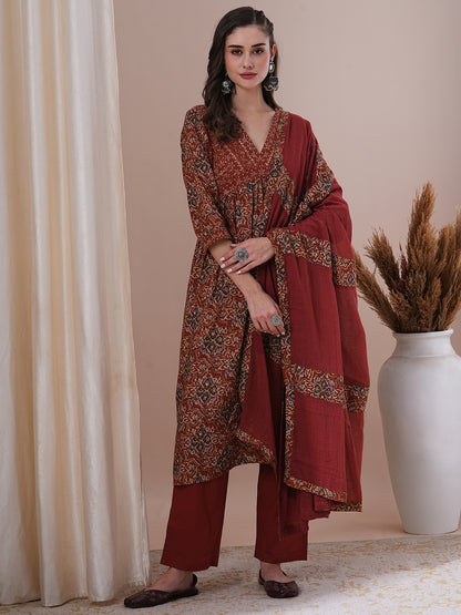 Floral Printed Embroidered A-Line Pleated Kurta with Pant and Dupatta - Brown