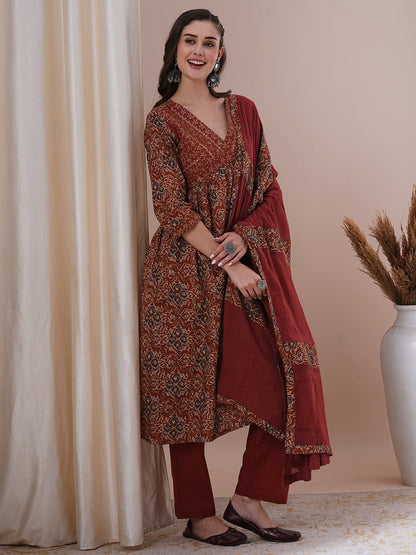 Floral Printed Embroidered A-Line Pleated Kurta with Pant and Dupatta - Brown