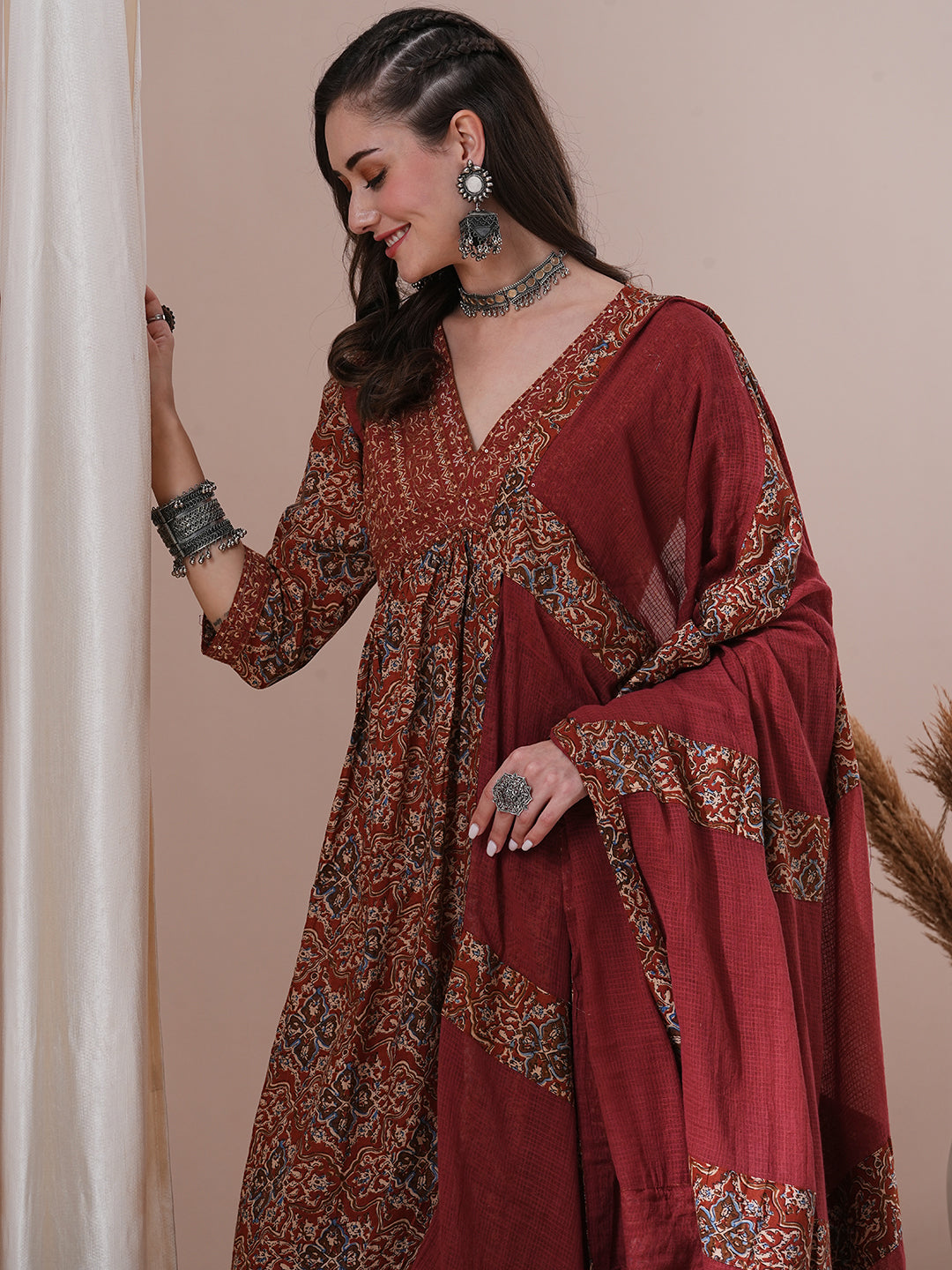 Floral Printed Embroidered A-Line Pleated Kurta with Pant and Dupatta - Brown