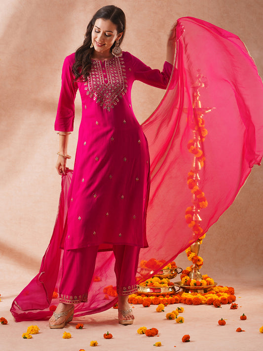 Solid Floral Embroidered Straight Fit Kurta with Palazzo & Dupatta - Pink