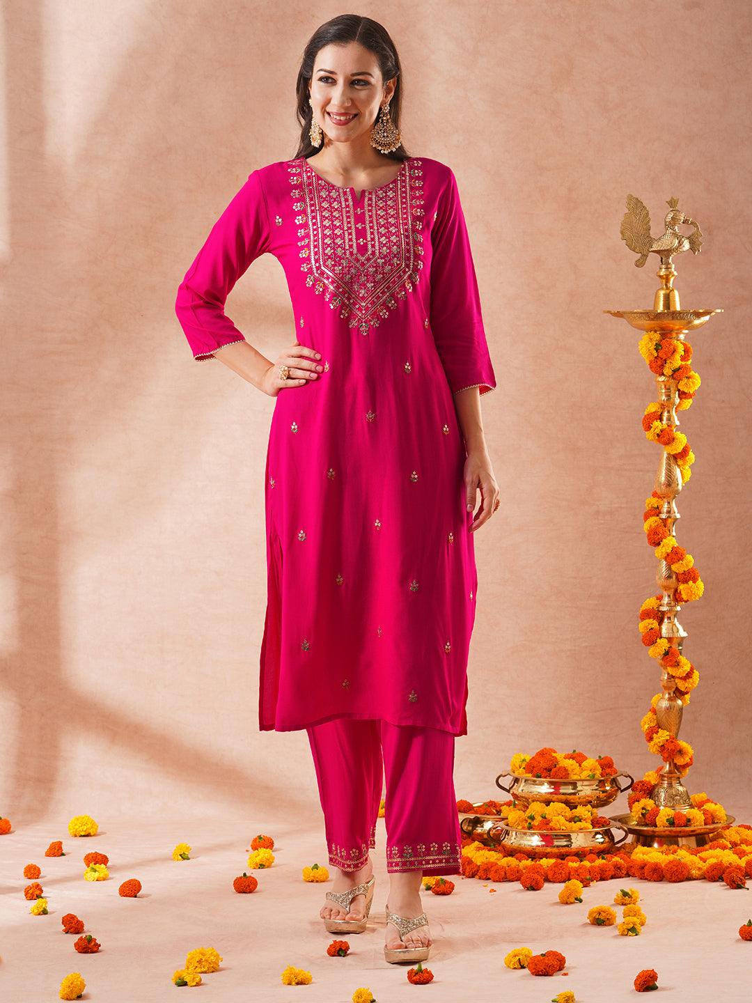Solid Floral Embroidered Straight Fit Kurta with Palazzo & Dupatta - Pink
