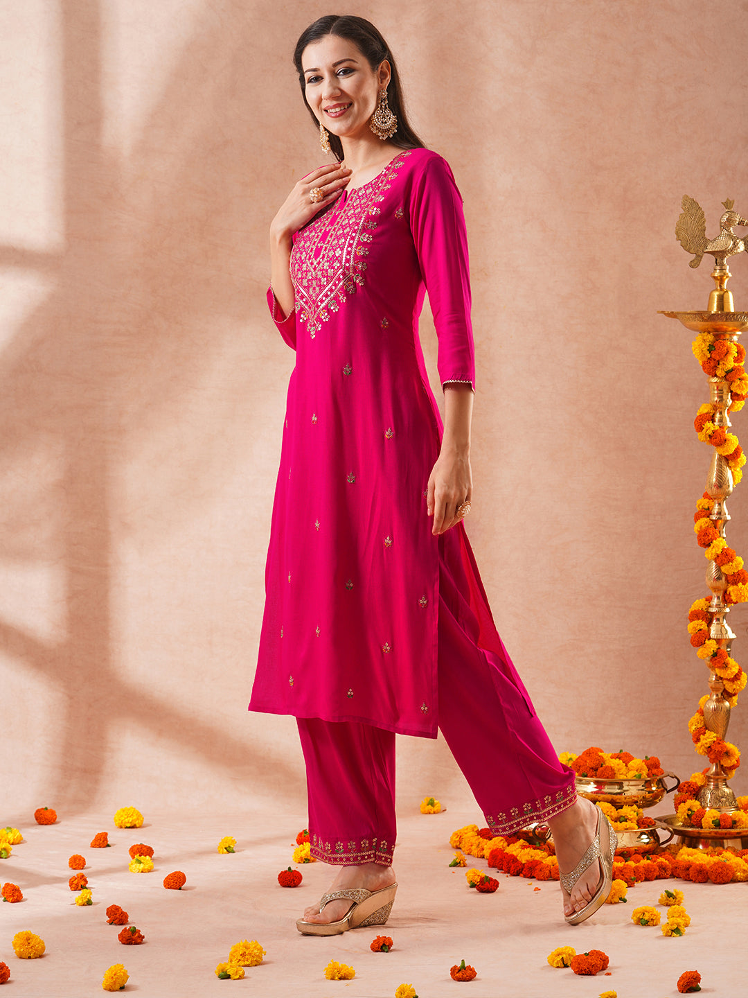 Solid Floral Embroidered Straight Fit Kurta with Palazzo & Dupatta - Pink