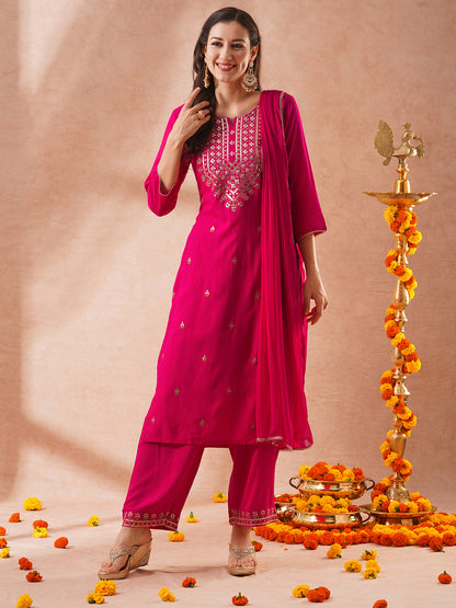 Solid Floral Embroidered Straight Fit Kurta with Palazzo & Dupatta - Pink