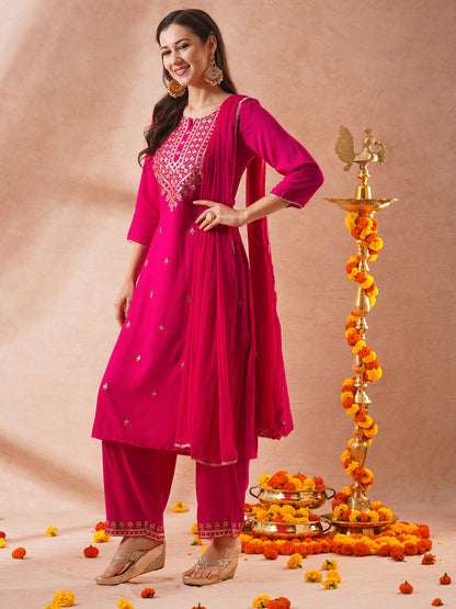 Solid Floral Embroidered Straight Fit Kurta with Palazzo & Dupatta - Pink