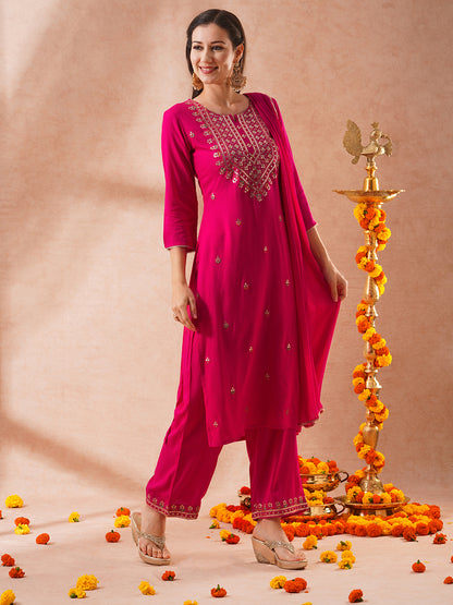 Solid Floral Embroidered Straight Fit Kurta with Palazzo & Dupatta - Pink