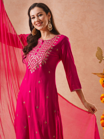 Solid Floral Embroidered Straight Fit Kurta with Palazzo & Dupatta - Pink