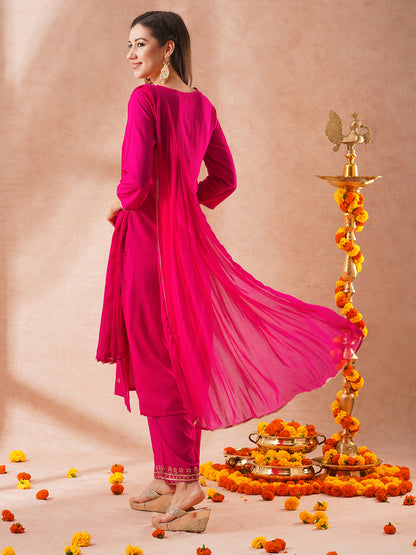 Solid Floral Embroidered Straight Fit Kurta with Palazzo & Dupatta - Pink
