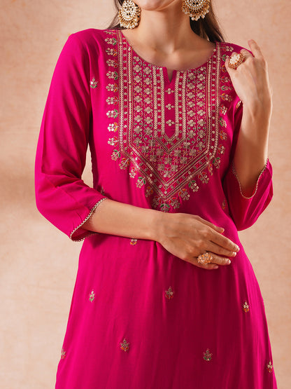 Solid Floral Embroidered Straight Fit Kurta with Palazzo & Dupatta - Pink