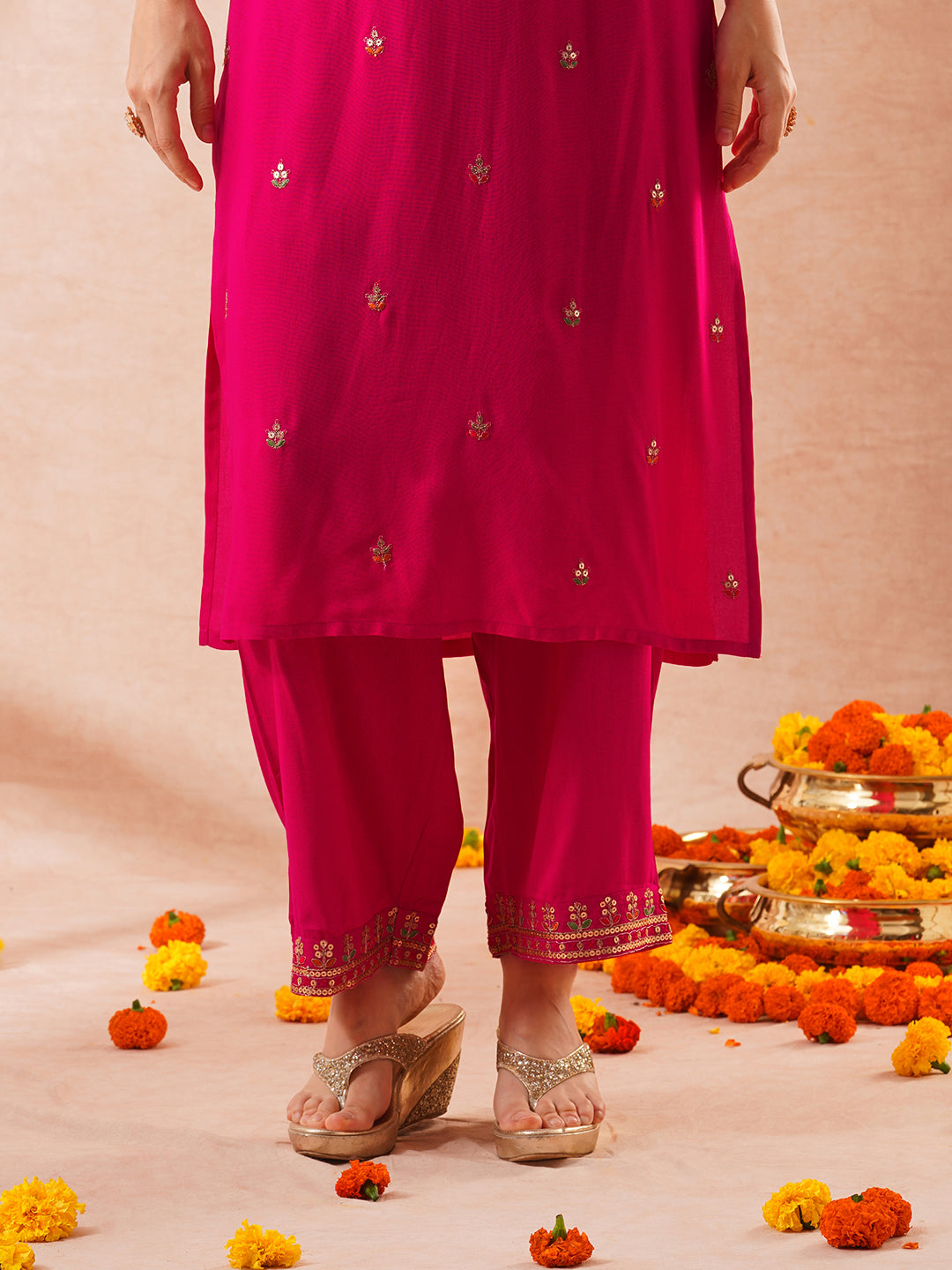Solid Floral Embroidered Straight Fit Kurta with Palazzo & Dupatta - Pink