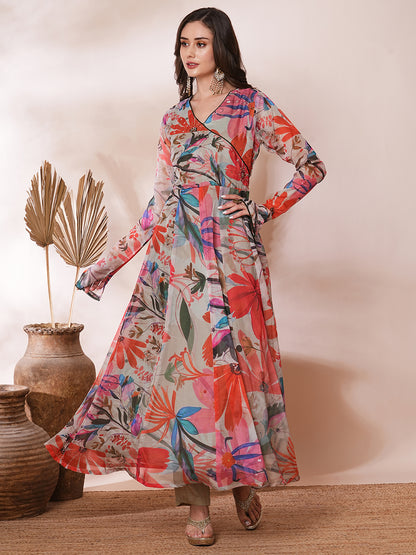 Floral Printed & Hand Embroidered Anarkali Kurta with Pant & Dupatta - Light Khaki