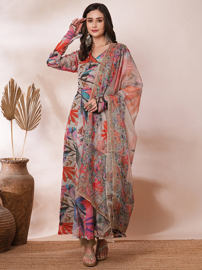 Floral Printed & Hand Embroidered Anarkali Kurta with Pant & Dupatta - Light Khaki