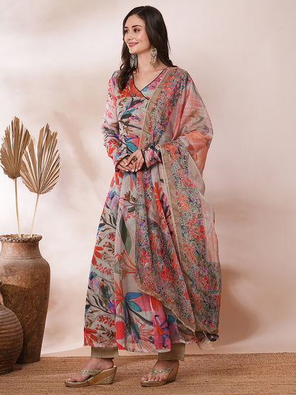 Floral Printed & Hand Embroidered Anarkali Kurta with Pant & Dupatta - Light Khaki