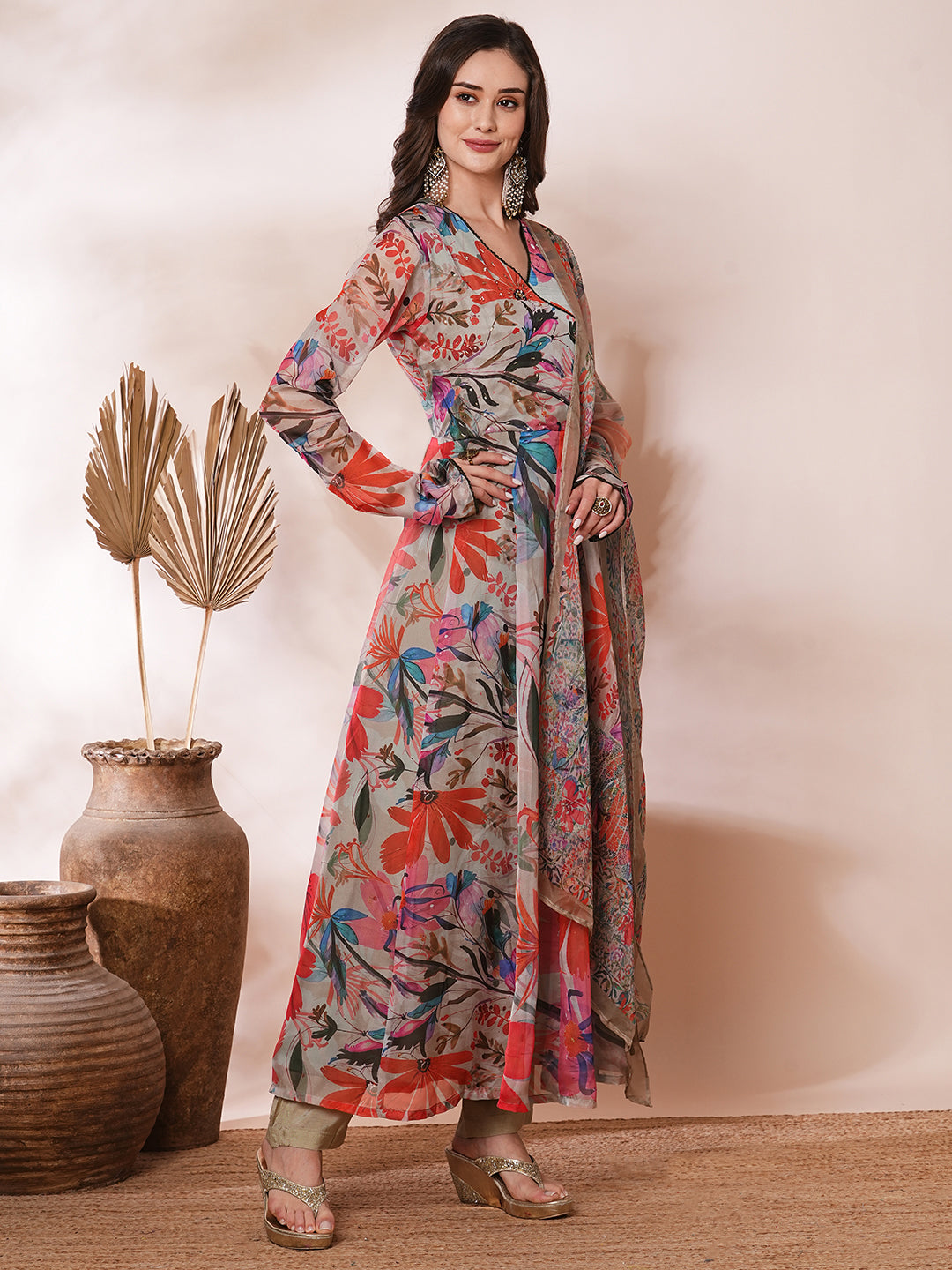 Floral Printed & Hand Embroidered Anarkali Kurta with Pant & Dupatta - Light Khaki