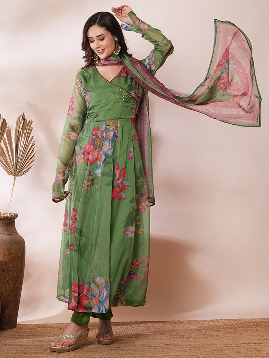 Floral Printed & Hand Embroidered Anarkali Kurta with Pant & Dupatta - Green