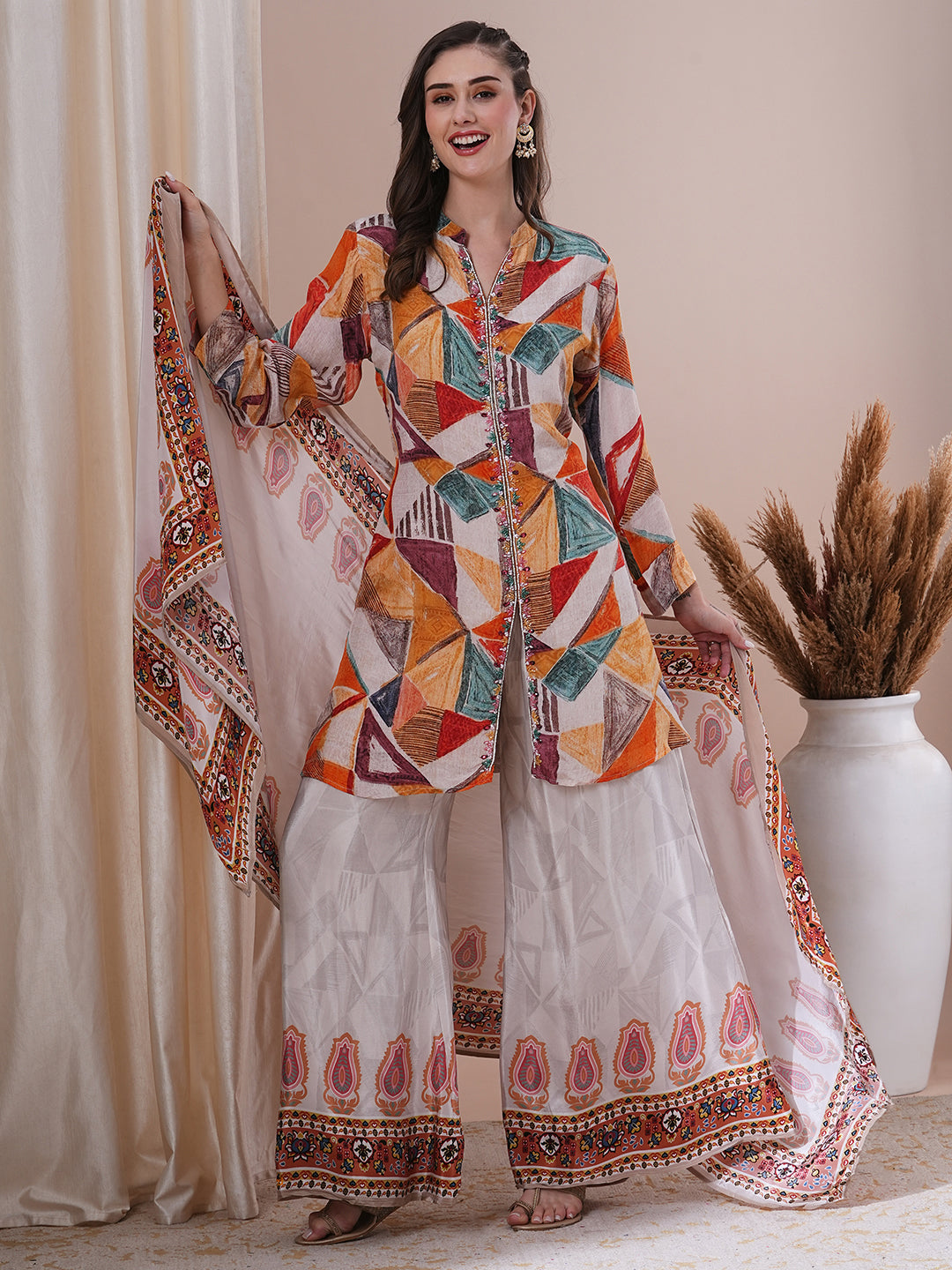 Ethnic Printed & Hand Embroidered Straight Fit Kurta with Palazzo & Dupatta - Multi