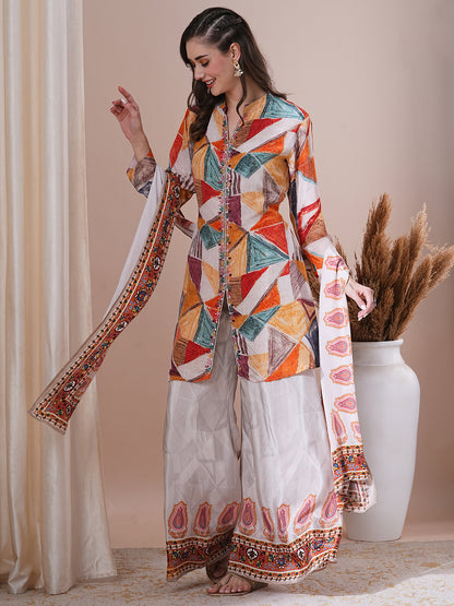 Ethnic Printed & Hand Embroidered Straight Fit Kurta with Palazzo & Dupatta - Multi