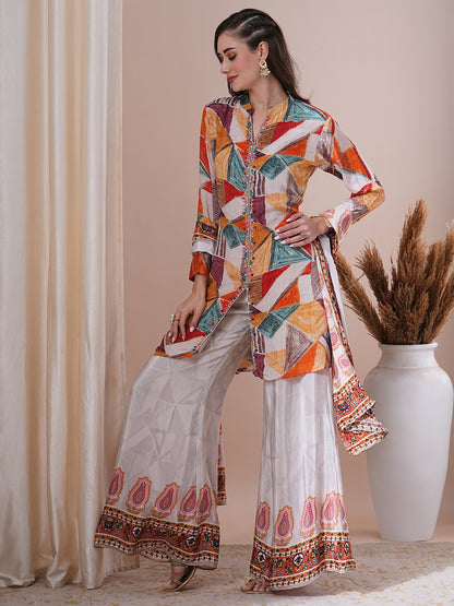 Ethnic Printed & Hand Embroidered Straight Fit Kurta with Palazzo & Dupatta - Multi