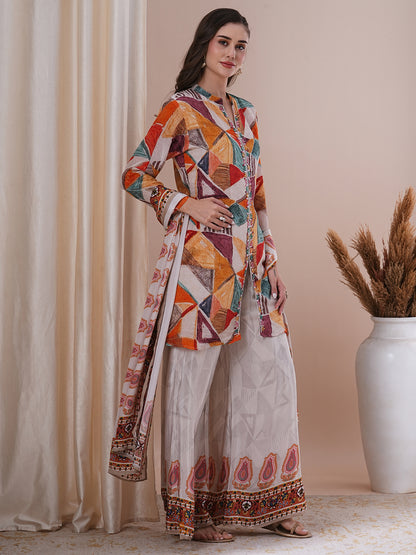 Ethnic Printed & Hand Embroidered Straight Fit Kurta with Palazzo & Dupatta - Multi