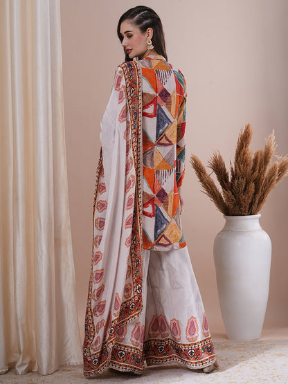 Ethnic Printed & Hand Embroidered Straight Fit Kurta with Palazzo & Dupatta - Multi