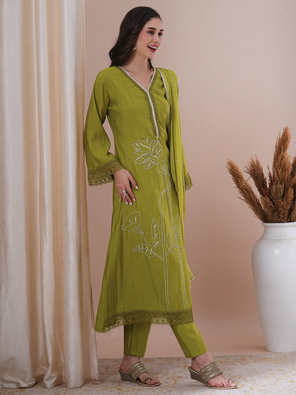 Floral Embroidered A-Line Kurta with Pant and Dupatta - Lime Green